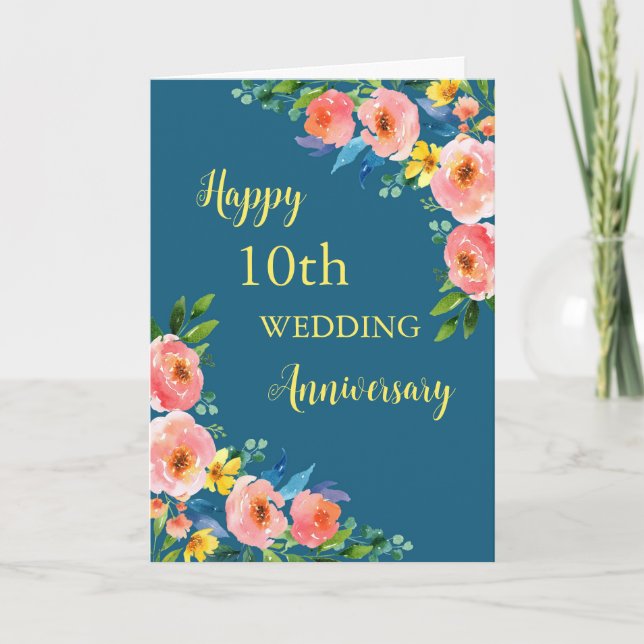 Watercolor Flowers 10th Wedding Anniversary Card (Front)