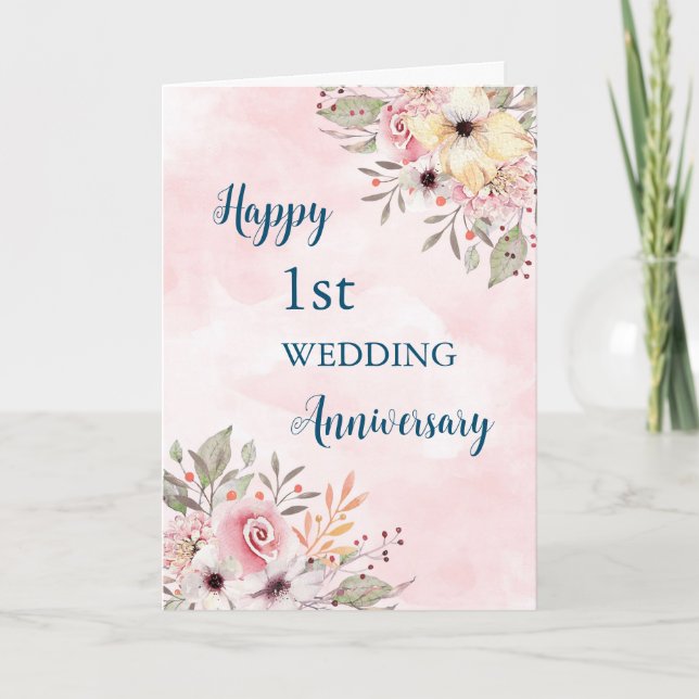 Watercolor Flowers 1st Wedding Anniversary Card (Front)