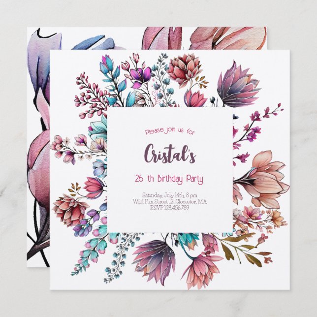 Watercolor Flowers adults Birthday invitation (Front/Back)