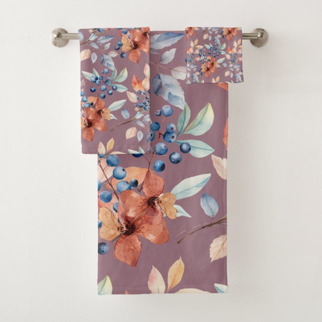 Watercolor Flowers and Berries on Mauve Bath Towel Set (Insitu)