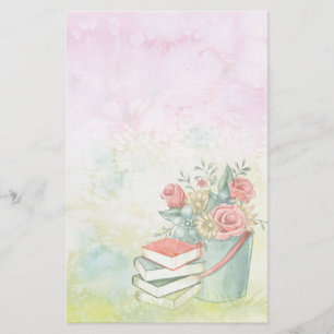 Watercolor Flowers and Books Stationery