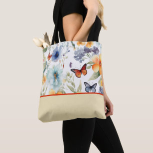 Watercolor Flowers and Butterflies, Colour Block Tote Bag