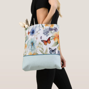Watercolor Flowers and Butterflies, Colour Block Tote Bag