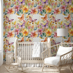 Watercolor flowers and butterflies pattern wallpaper