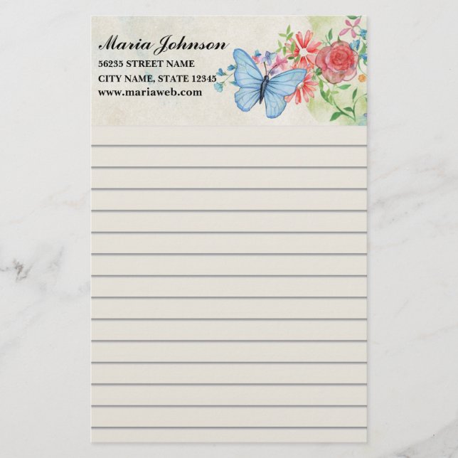 watercolor flowers and butterfly business lined stationery (Front)