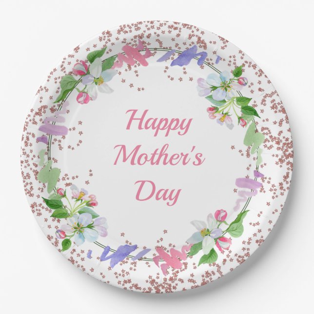 Watercolor Flowers and Glitter Edge Mother's Day Paper Plate (Front)