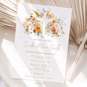 Watercolor Flowers and gold Baptism Invitation 