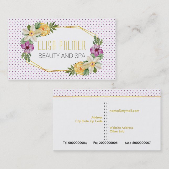 Watercolor flowers and gold polygon floral business card (Front/Back)