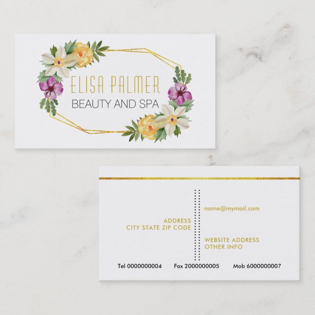 Watercolor flowers and gold polygon floral business card (Front/Back)