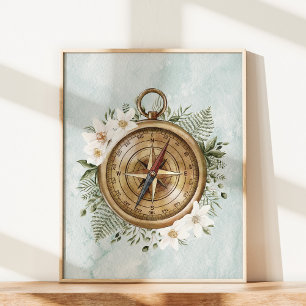 Watercolor Flowers and Green Leaves Floral Compass Poster