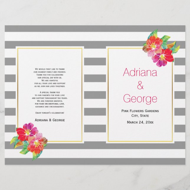 Watercolor flowers and grey, white wedding program (Front)