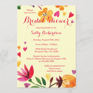 Watercolor Flowers and Hearts Bridal Shower Invitation