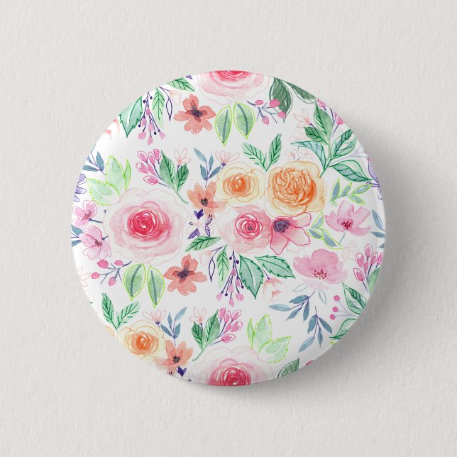 Watercolor flowers and leaves 6 cm round badge (Front)
