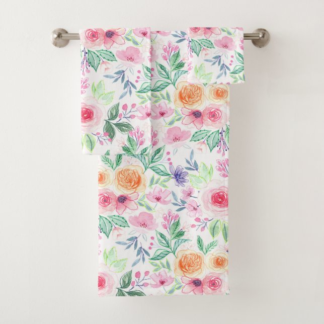 Watercolor flowers and leaves bath towel set (Insitu)