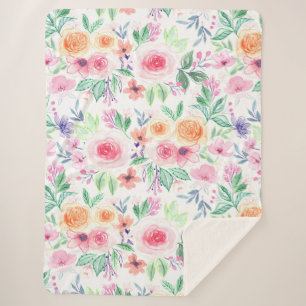 Watercolor flowers and leaves sherpa blanket