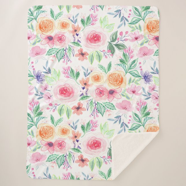 Watercolor flowers and leaves sherpa blanket (Front)