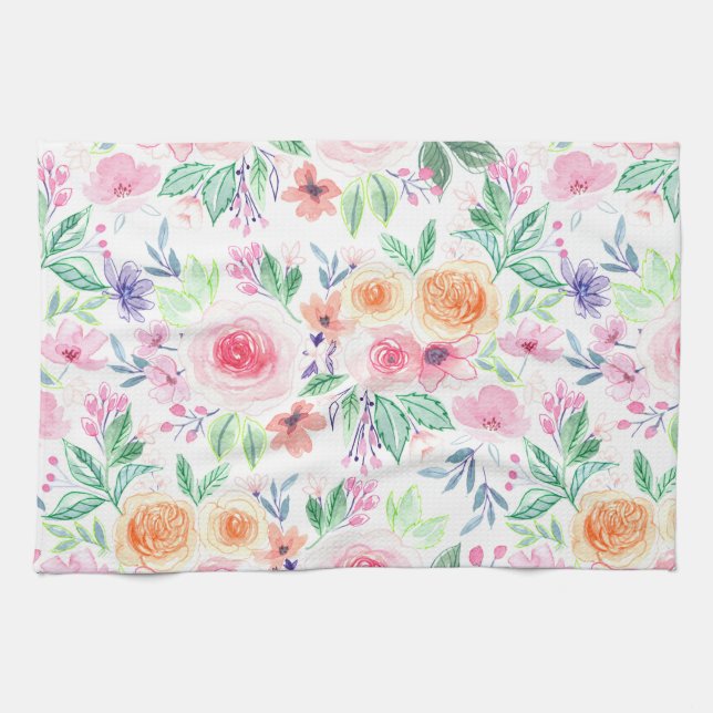 Watercolor flowers and leaves tea towel (Horizontal)