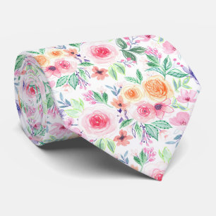 Watercolor flowers and leaves tie