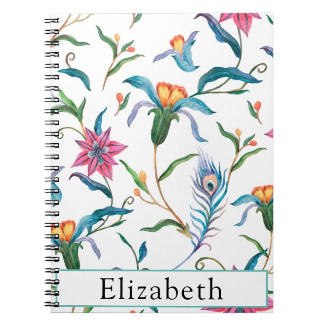 Watercolor Flowers and Peacock Feathers Monogram  Notebook (Front)