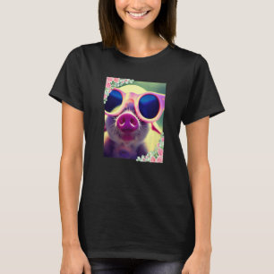 Watercolor flowers and pig wearing sunglasses Cute T-Shirt