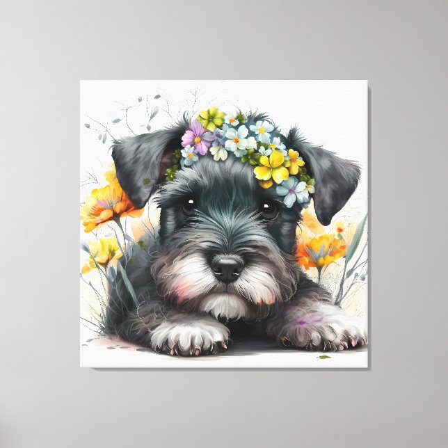 Watercolor Flowers and Schnauzer Puppy  Canvas Print (Front)