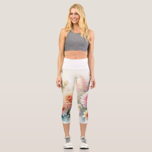 Watercolor Flowers and sea and seashells on beach  Capri Leggings