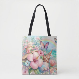 Watercolor Flowers and sea and seashells on beach Tote Bag