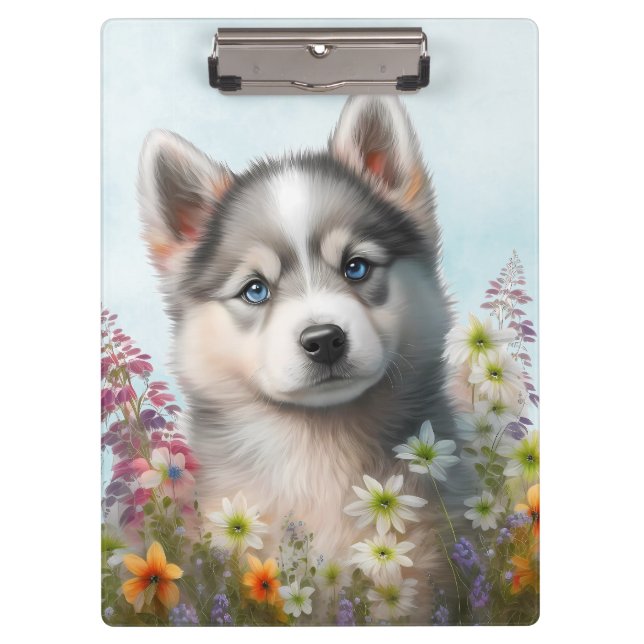 Watercolor Flowers and Siberian Husky Puppy Clipboard (Front)