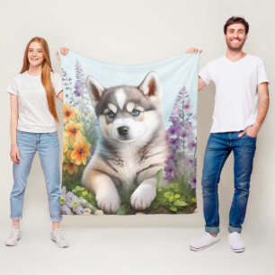 Watercolor Flowers and Siberian Husky Puppy Fleece Blanket