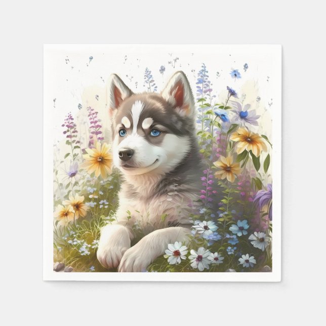Watercolor Flowers and Siberian Husky Puppy Napkin (Front)