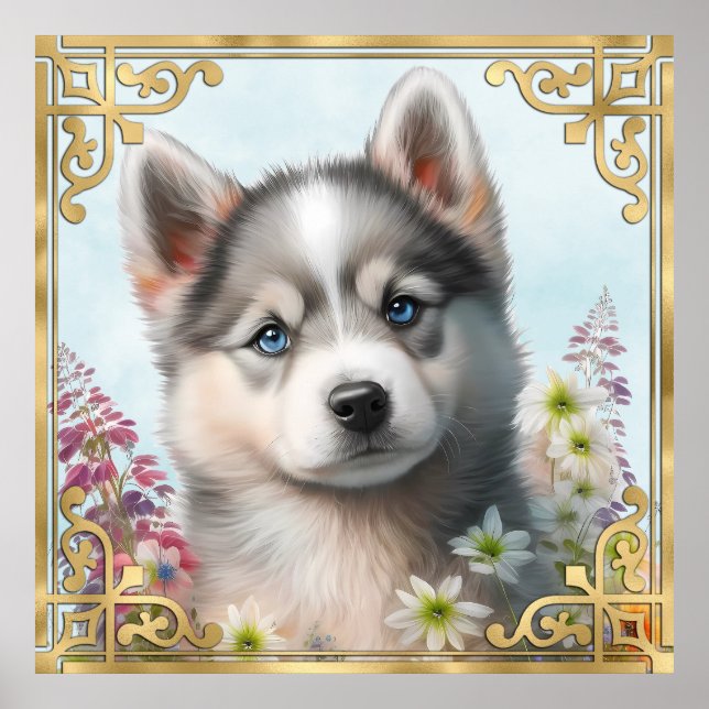 Watercolor Flowers and Siberian Husky Puppy Poster (Front)