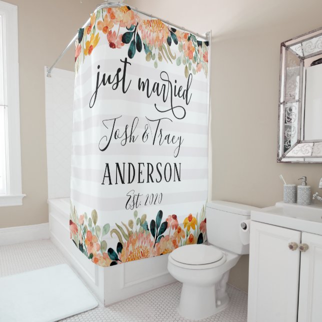 Watercolor Flowers and Striped Just Married Shower Curtain (In Situ)