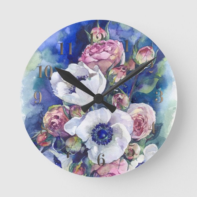 Watercolor flowers anemone roses illustration flow round clock (Front)