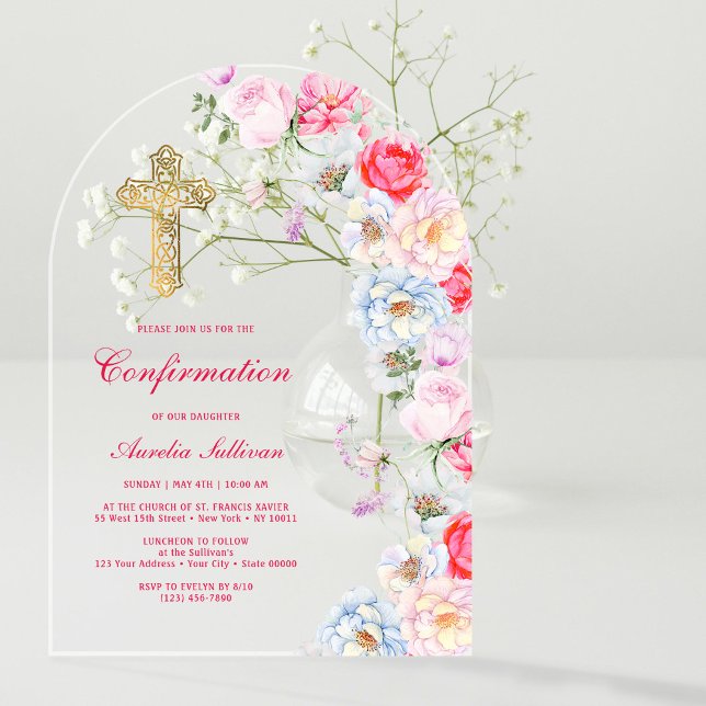 Watercolor Flowers Arch Confirmation Acrylic Invitations (Creator Uploaded)