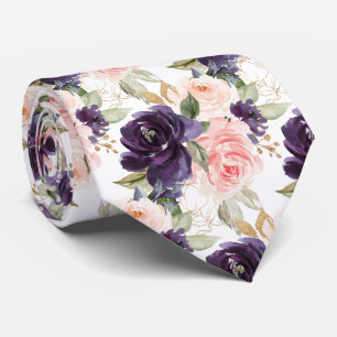 Watercolor Flowers Aubergine Purple Blush Roses Tie