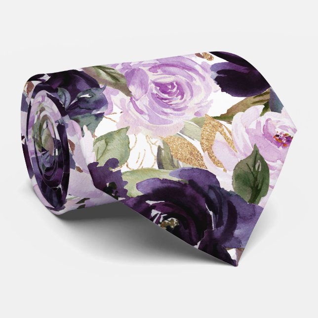 Watercolor Flowers Aubergine Purple Lilac Roses   Tie (Rolled)
