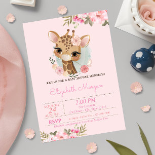 Watercolor Flowers Baby Giraffe Baby Shower Invitation