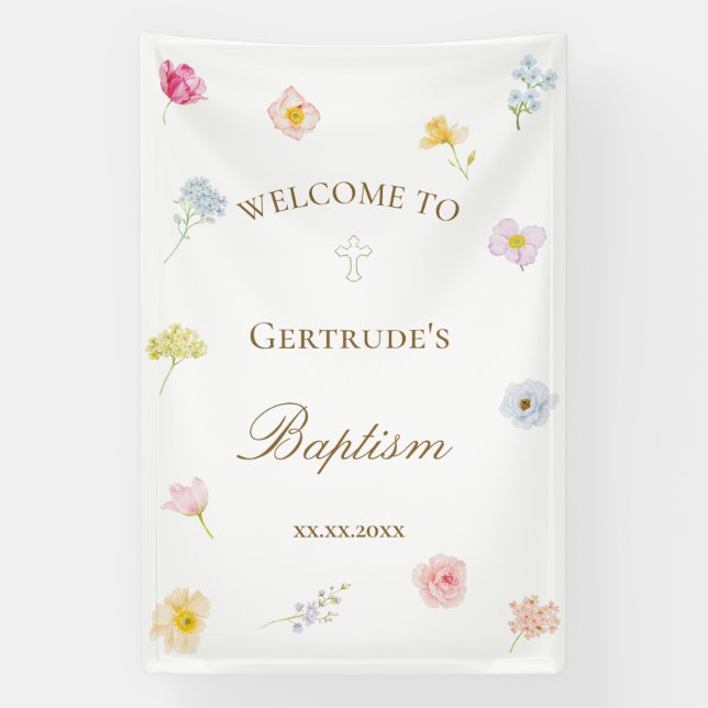 watercolor flowers Baptism Banner (Vertical)