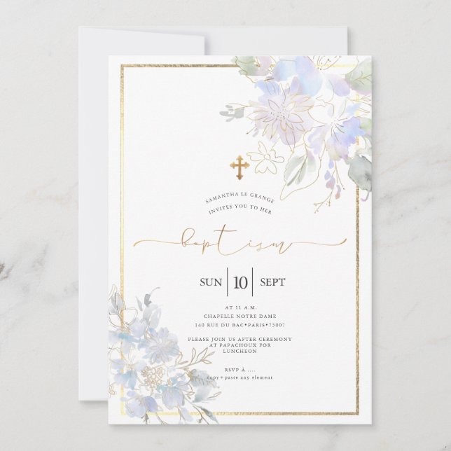 Watercolor Flowers Baptism Dusty Blue Sweet Peas Invitation (Front)