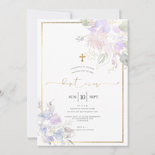 Watercolor Flowers Baptism Dusty Lilac Sweet Peas Invitation (Front)