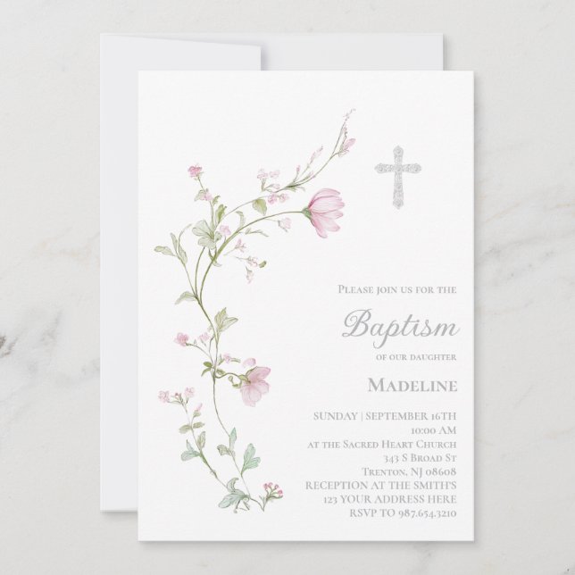 watercolor flowers Baptism  Invitation (Front)