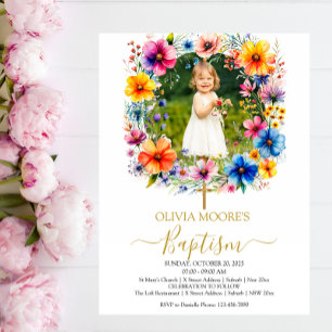  Watercolor flowers Baptism Invitation