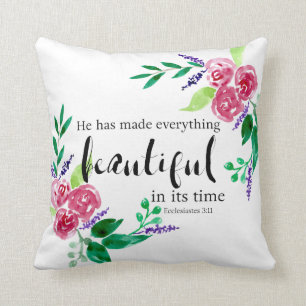 Watercolor Flowers Bible Verse Beautiful In Time Cushion