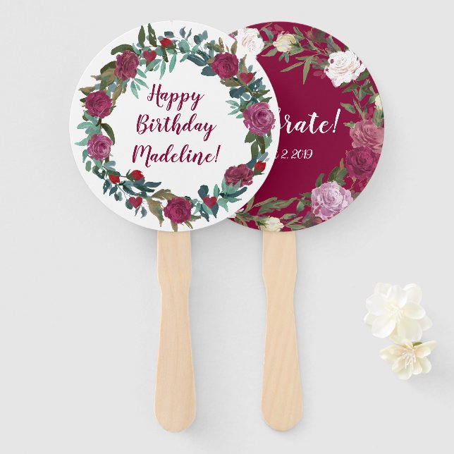 Watercolor Flowers Birthday Hand Fan (Front and Back)