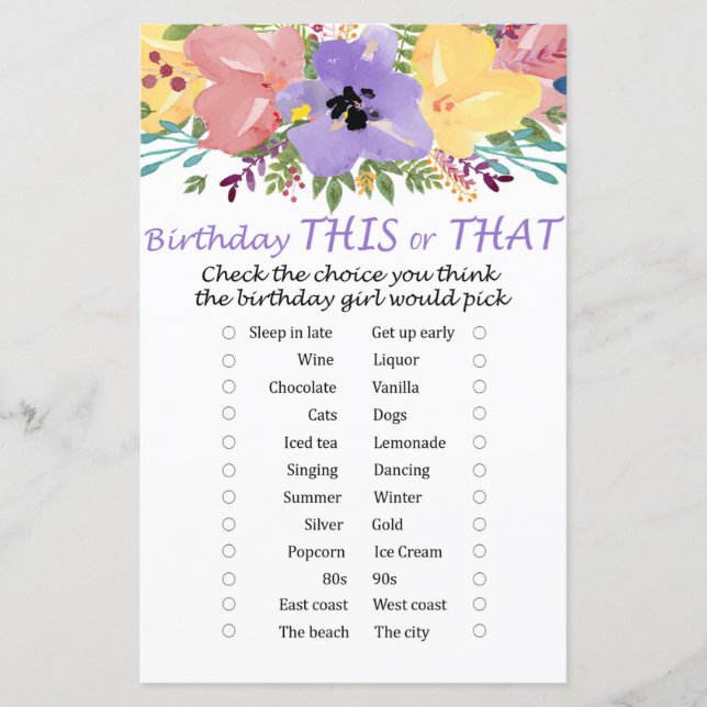 Watercolor flowers Birthday this or that game (Front)
