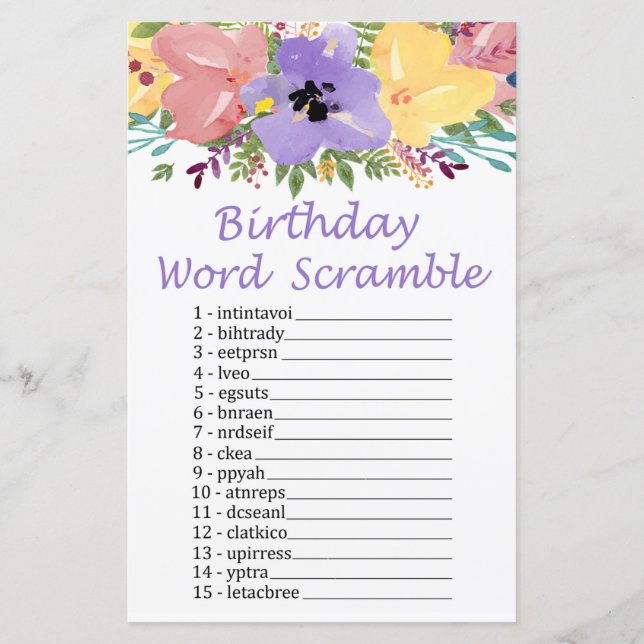 Watercolor flowers BIRTHDAY WORD SCRAMBLE Game (Front)