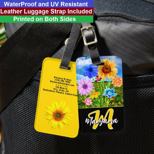 Watercolor Flowers   Black & Gold Monogram Initial Luggage Tag