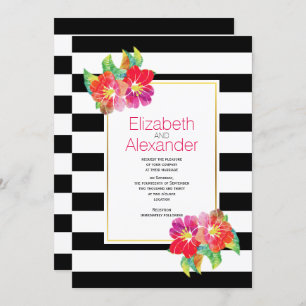 Watercolor flowers black white stripes wedding invitation