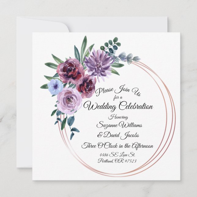 Watercolor Flowers Blush Pink and Purple Wedding Invitation (Front)