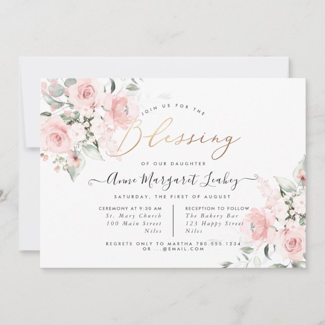 Watercolor Flowers Blush Roses Blessing Invitation (Front)
